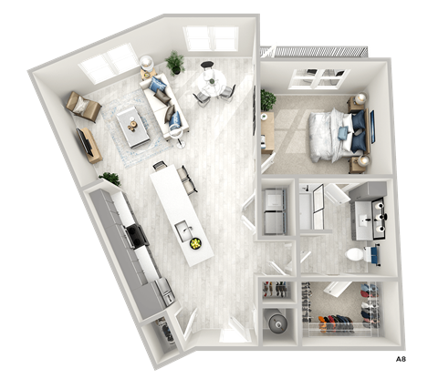 Floor plan for 1 bed, 1 bath, 973 sqft
